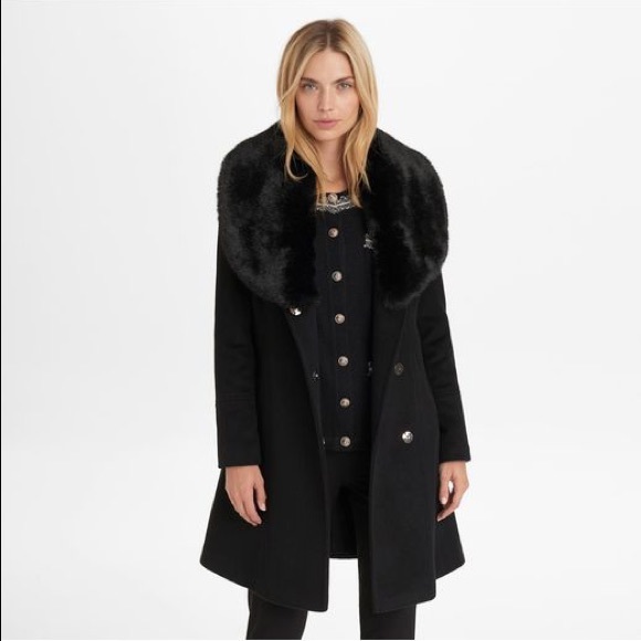 karl lagerfeld paris women's faux fur collar belted wrap coat